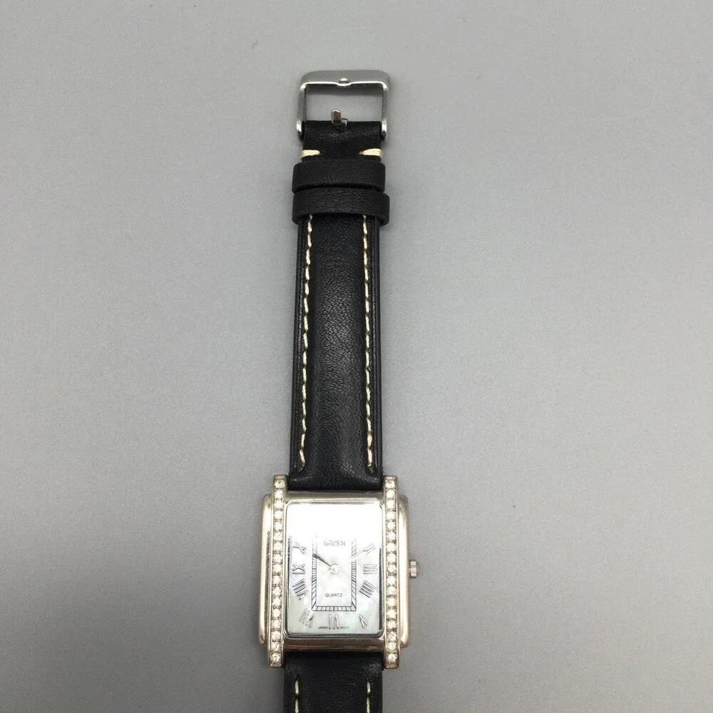 Gruen Womens Watch 28mm White Dial Crystal Bezel Black Leather New Battery